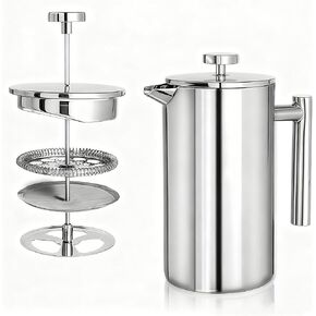 French Press Coffee Maker 34 Oz, Dual-wall insulation, easy clean, durable, Stainless Steel French Press Coffee Maker, Food grade, safe and reliable, suitable for home and camping, silver. in Saudi Arabia