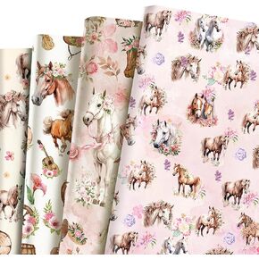 JOINFANXIN 12 Sheets Racing Horse Floral Wrapping Paper Pink Rose Themed Cowgirl Gift Wrap Paper Watercolor Style for DIY Crafts Horse Racing Birthday Party Gift Decorations in Kuwait