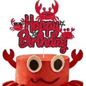 Crab Happy Birthday Cake Topper Ocean Under The Sea Animals Theme Birthday Party Cake Decoration Cute Crab Seaweed Starfish Party Decoration Supplies for Kids Boys Girls, Black Red Glitter in Saudi Arabia