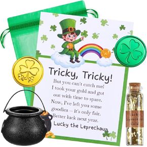 St. Patrick's Day Leprechaun Trap Kit Leprechaun Letter Shamrock Green Gold Coins Printed Note Mini Gold Glitter in Corked Bottle for Irish Trap Gift Party Decor Supplies(Lucky Hat) in Kuwait