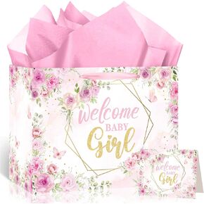 حقيبة هدايا Woosytoo Welcome Baby Girl Gift Bag من Boho Pampas Grass Wrapping مع بطاقة تهنئة وورق مناديل ذهبية سعة كبيرة حقيبة هدايا لحفلات استقبال المولود الجديد تكشف عن لوازم حفلات أعياد الميلاد in Kuwait