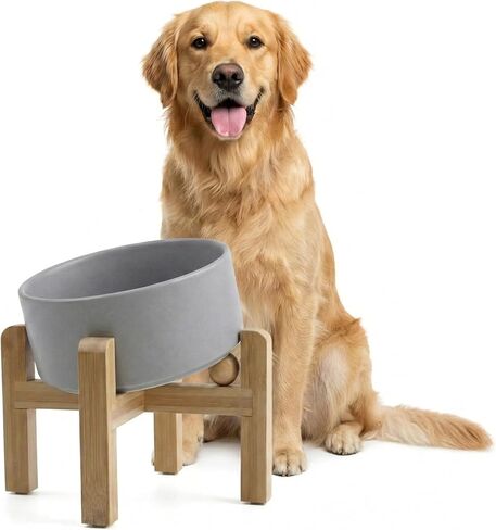 hjn Elevated Ceramic Dog Bowl 15°Slanted Raised Dog Bowl with Bamboo Stand for Small Medium Dogs and Cats, Pet Feeder -3.6-Cup (850ml)-Marble Gray in Saudi Arabia