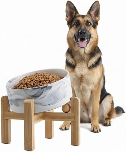 hjn Elevated Ceramic Dog Bowl 15°Slanted Raised Dog Bowl with Bamboo Stand for Small Medium Dogs and Cats, Pet Feeder -3.6-Cup (850ml)-Marble Gray in Saudi Arabia