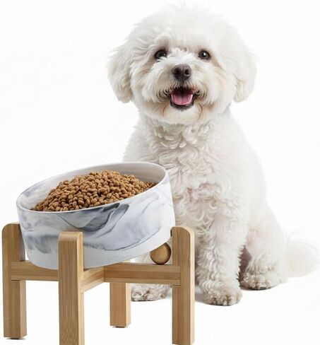 hjn Elevated Ceramic Dog Bowl 15°Slanted Raised Dog Bowl with Bamboo Stand for Small Medium Dogs and Cats, Pet Feeder -3.6-Cup (850ml)-Marble Gray in Saudi Arabia