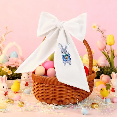 Seersucker Easter Basket Bow Stripe Bunny Baskets Bow with Embroidery Rabbit Large Pastel Gift Bows for Easter Party (Pink,Cute) in Saudi Arabia