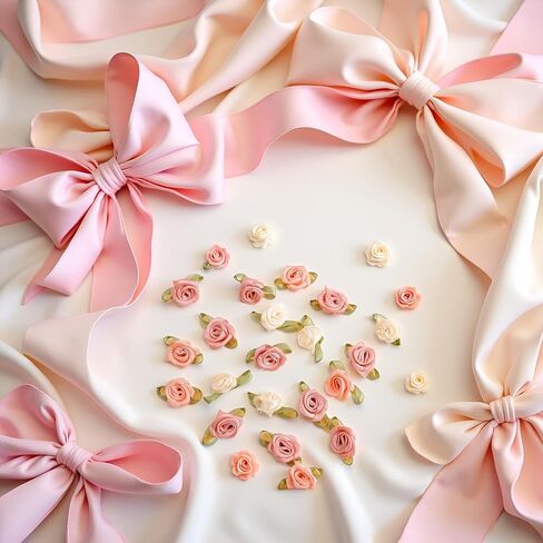 100 Pcs 15mm Multicoloured Mini Rose Flowers Satin Ribbon Bows Appliques DIY Sewing Craft Accessories Wedding Bride Gift Decoration, Fabric Ribbons, Ribbons, Decorations in Saudi Arabia