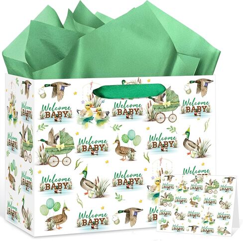Yomaiha Mallard Duck Baby Shower Paper Gift Bag Welcome Baby Mallard Duck Birthday Gift Bag with Wrapping Paper and Card Green Duck Hunting Bag for Boys Girls Newborn Baby Shower Party Supplies in Saudi Arabia
