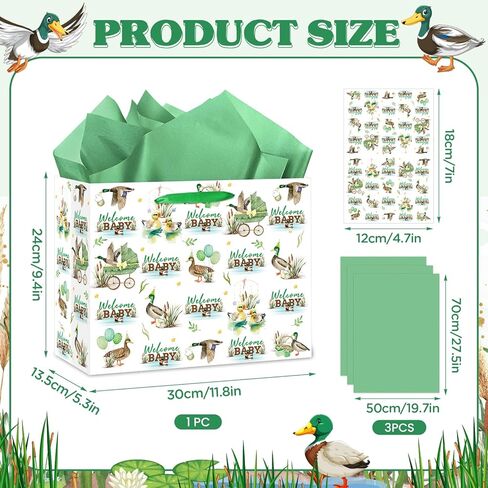 Yomaiha Mallard Duck Baby Shower Paper Gift Bag Welcome Baby Mallard Duck Birthday Gift Bag with Wrapping Paper and Card Green Duck Hunting Bag for Boys Girls Newborn Baby Shower Party Supplies in Saudi Arabia
