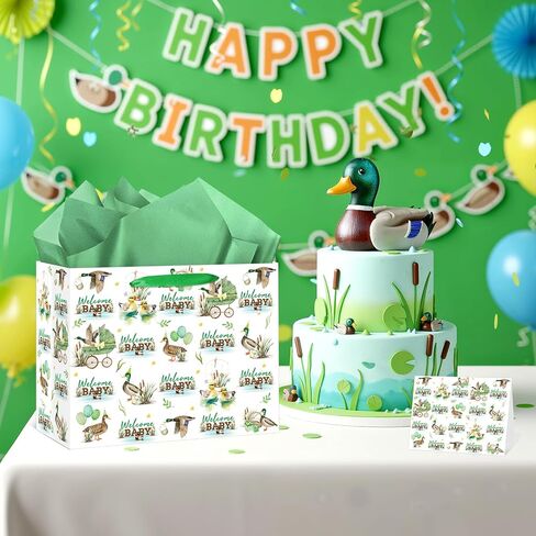 Yomaiha Mallard Duck Baby Shower Paper Gift Bag Welcome Baby Mallard Duck Birthday Gift Bag with Wrapping Paper and Card Green Duck Hunting Bag for Boys Girls Newborn Baby Shower Party Supplies in Saudi Arabia