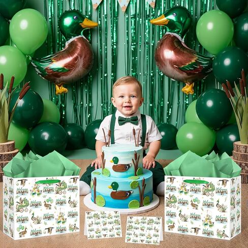Yomaiha Mallard Duck Baby Shower Paper Gift Bag Welcome Baby Mallard Duck Birthday Gift Bag with Wrapping Paper and Card Green Duck Hunting Bag for Boys Girls Newborn Baby Shower Party Supplies in Saudi Arabia