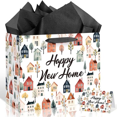 TagreSpike Housewarming Gifts Bag with Tissue Paper Greeting Card, Home Sweet Home Gift Bags Houses Print Wrapping Paper Bag for Friends Neighbors New House Buyers Agent Present Supplies in Saudi Arabia
