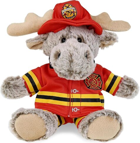 DolliBu Sitting Brown Moose Firefighter Stuffed Animal with Name Personalization - Super Soft Moose with Red Fireman Costume Outfit and Fireman Hat, Cute Fire Fighter Doll Plush Toy for Kids - 8 Inch in Saudi Arabia