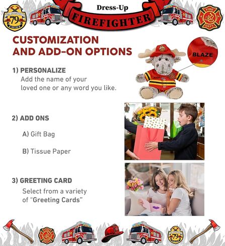DolliBu Sitting Brown Moose Firefighter Stuffed Animal with Name Personalization - Super Soft Moose with Red Fireman Costume Outfit and Fireman Hat, Cute Fire Fighter Doll Plush Toy for Kids - 8 Inch in Saudi Arabia