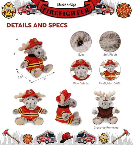 DolliBu Sitting Brown Moose Firefighter Stuffed Animal with Name Personalization - Super Soft Moose with Red Fireman Costume Outfit and Fireman Hat, Cute Fire Fighter Doll Plush Toy for Kids - 8 Inch in Saudi Arabia