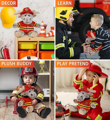 DolliBu Sitting Brown Moose Firefighter Stuffed Animal with Name Personalization - Super Soft Moose with Red Fireman Costume Outfit and Fireman Hat, Cute Fire Fighter Doll Plush Toy for Kids - 8 Inch in Saudi Arabia