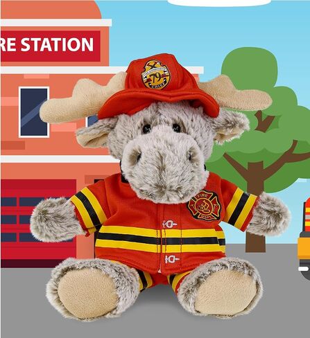 DolliBu Sitting Brown Moose Firefighter Stuffed Animal with Name Personalization - Super Soft Moose with Red Fireman Costume Outfit and Fireman Hat, Cute Fire Fighter Doll Plush Toy for Kids - 8 Inch in Saudi Arabia