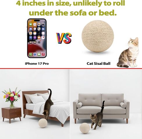 4-Inch Sisal Cat Toy Balls with Crinkle Sound | Indoor Cat Toys for Teething, Claw Sharpening & Play | Large Size Prevents Rolling Under Furniture (White) in Saudi Arabia