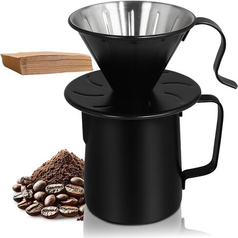 Uncoated Pour Over Coffee Maker 300ml Portable Cup 304 Thickened Stainless Steel Drip Coffeemaker Set with 50pcs V60 Cone Paper Filters Hand Brew Dripper Carafe for Home Camping Travel 10.2oz Black in Saudi Arabia