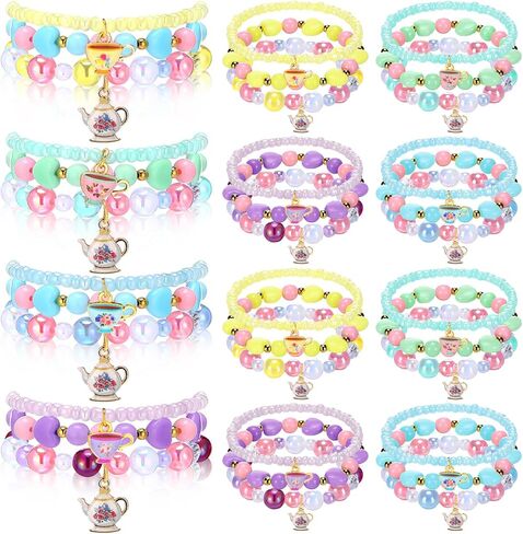 Cunno 36 Pcs Tea Party Favors Bracelets Bulk for Girls Kids Teapot Beaded Bracelets Tea Princess Party Favors Supplies Accessories Pendant Gifts for Little Girls Toddler Birthday Decorations, 4 Colors in Saudi Arabia