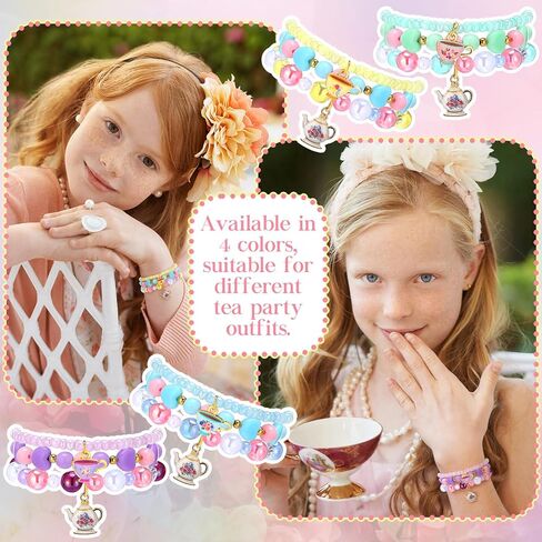 Cunno 36 Pcs Tea Party Favors Bracelets Bulk for Girls Kids Teapot Beaded Bracelets Tea Princess Party Favors Supplies Accessories Pendant Gifts for Little Girls Toddler Birthday Decorations, 4 Colors in Saudi Arabia