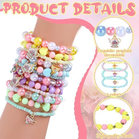 Cunno 36 Pcs Tea Party Favors Bracelets Bulk for Girls Kids Teapot Beaded Bracelets Tea Princess Party Favors Supplies Accessories Pendant Gifts for Little Girls Toddler Birthday Decorations, 4 Colors in Saudi Arabia