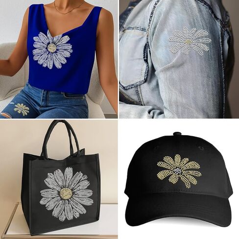 SUPERDANT Daisy Crystal Rhinestone Decals Daisy Rhinestone Transfers Patches Flower Iron on Applique Diamond Heat Transfer Sticker for Girl Colthing Hooded Sweatshirt Decoration in Saudi Arabia