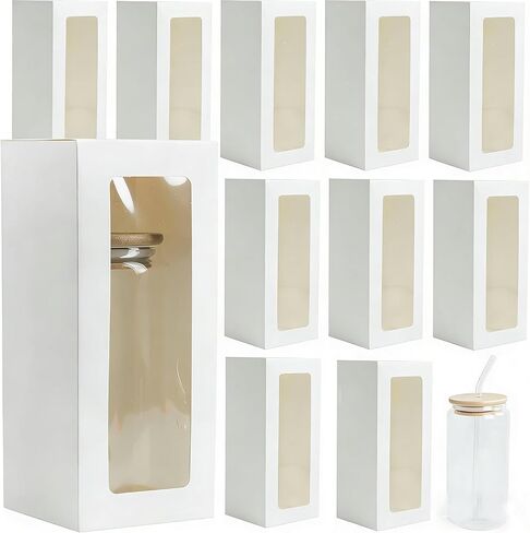 صندوق هدايا بهلوان 10 قطع من HOUPOUSEN، علب هدايا من زجاج النبيذ الشفاف مقاس 7.87 × 3.15 × 3.15 بوصة مع نافذة لأكواب الشرب سعة 12 أونصة و16 أونصة و20 أونصة، أكواب الجرار والأكواب الفارغة، بدون شريط (أبيض) in Kuwait