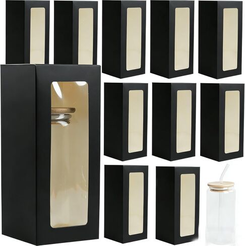 صندوق هدايا بهلوان 10 قطع من HOUPOUSEN، علب هدايا من زجاج النبيذ الشفاف مقاس 7.87 × 3.15 × 3.15 بوصة مع نافذة لأكواب الشرب سعة 12 أونصة و16 أونصة و20 أونصة، أكواب الجرار والأكواب الفارغة، بدون شريط (أبيض) in Kuwait