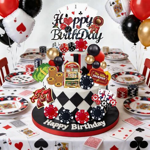 37 قطعة من زينة كعكة الكازينو، النرد، الرقائق، ماكينات القمار، العملات الذهبية، أغطية الكب كيك، لوازم حفلات أعياد الميلاد في لاس فيغاس in Kuwait