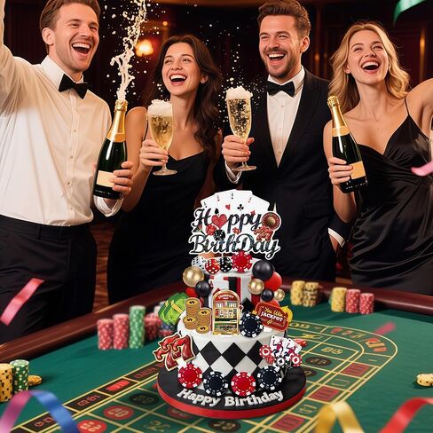 37 قطعة من زينة كعكة الكازينو، النرد، الرقائق، ماكينات القمار، العملات الذهبية، أغطية الكب كيك، لوازم حفلات أعياد الميلاد في لاس فيغاس in Kuwait