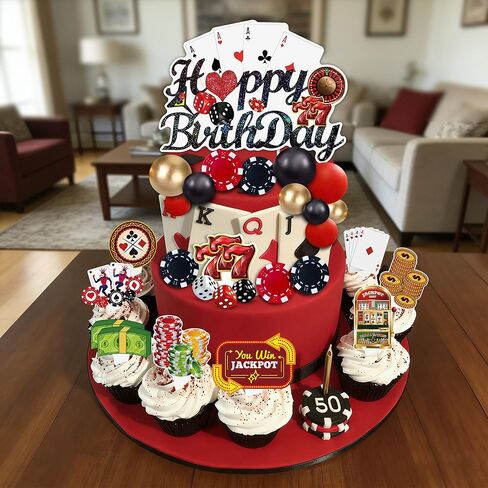 37 قطعة من زينة كعكة الكازينو، النرد، الرقائق، ماكينات القمار، العملات الذهبية، أغطية الكب كيك، لوازم حفلات أعياد الميلاد في لاس فيغاس in Kuwait