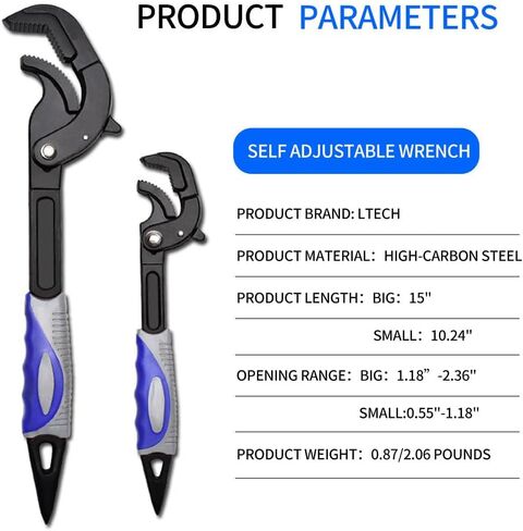 مجموعة مفاتيح عدة عالمية قابلة للتعديل من قطعتين من فوميكس، مناسبة لمفصل انزلاق/مضخة مياه/زرادية مفاصل اخدود، مقاس صغير مفتوح 0.55-1.18 انش، حجم كبير مفتوح 1.2-2.36 انش، 3 اسنان جانبية in Kuwait