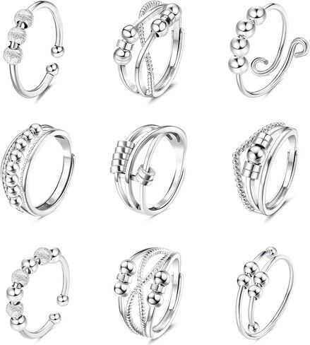 SAILIMUE 9 قطع خواتم مضادة للقلق للنساء والرجال مجموعة حلقات فيدجيت من أجل القلق للجنسين قابل للتعديل التراص سبينر القلق تخفيف التوتر حلقة مع الخرز in Kuwait