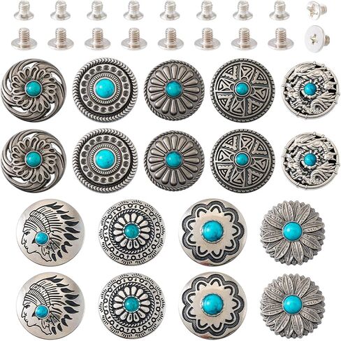 Magibeads 18 مجموعة من المسامير الجلدية المصنوعة من سبيكة الزهرة 30 مم من أزرار الظهر المسمار الفيروزي الصناعي العتيقة الفضية المسطحة المستديرة لعباد الشمس الهندي مشبك رئيسي محفور المسامير الزخرفية الغربية للسلع الجلدية in Saudi Arabia