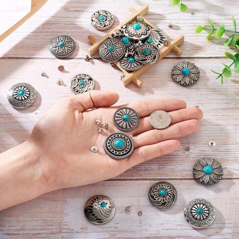Magibeads 18 مجموعة من المسامير الجلدية المصنوعة من سبيكة الزهرة 30 مم من أزرار الظهر المسمار الفيروزي الصناعي العتيقة الفضية المسطحة المستديرة لعباد الشمس الهندي مشبك رئيسي محفور المسامير الزخرفية الغربية للسلع الجلدية in Saudi Arabia