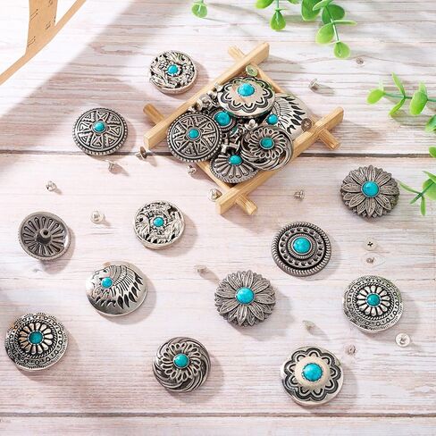Magibeads 18 مجموعة من المسامير الجلدية المصنوعة من سبيكة الزهرة 30 مم من أزرار الظهر المسمار الفيروزي الصناعي العتيقة الفضية المسطحة المستديرة لعباد الشمس الهندي مشبك رئيسي محفور المسامير الزخرفية الغربية للسلع الجلدية in Saudi Arabia