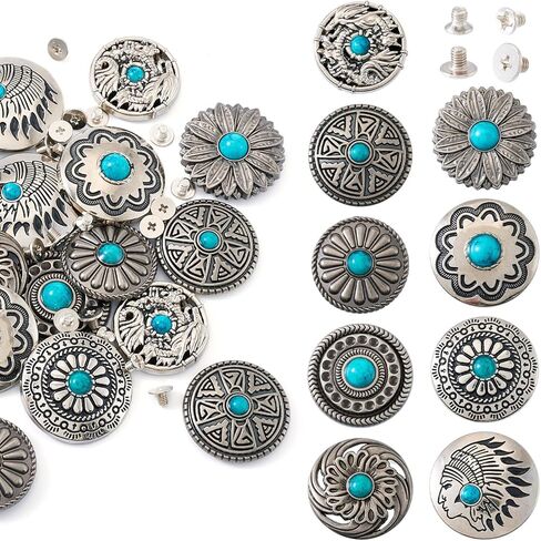 Magibeads 18 مجموعة من المسامير الجلدية المصنوعة من سبيكة الزهرة 30 مم من أزرار الظهر المسمار الفيروزي الصناعي العتيقة الفضية المسطحة المستديرة لعباد الشمس الهندي مشبك رئيسي محفور المسامير الزخرفية الغربية للسلع الجلدية in Saudi Arabia