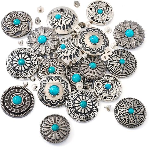Magibeads 18 مجموعة من المسامير الجلدية المصنوعة من سبيكة الزهرة 30 مم من أزرار الظهر المسمار الفيروزي الصناعي العتيقة الفضية المسطحة المستديرة لعباد الشمس الهندي مشبك رئيسي محفور المسامير الزخرفية الغربية للسلع الجلدية in Saudi Arabia