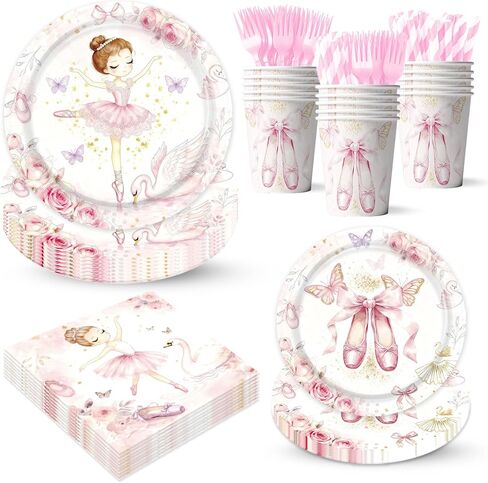 Pink Ballerina Themed Party Decorations Supplies Little Ballet Dancers Party Tableware Set Include Plates, Cups, Napkins,Cutlery and Straw for Baby Shower, Birthday Party Decorations Serves 24 in Saudi Arabia