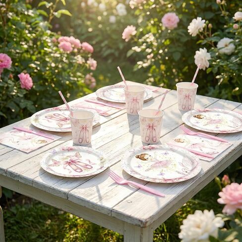 Pink Ballerina Themed Party Decorations Supplies Little Ballet Dancers Party Tableware Set Include Plates, Cups, Napkins,Cutlery and Straw for Baby Shower, Birthday Party Decorations Serves 24 in Saudi Arabia