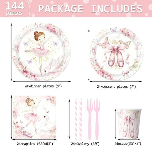 Pink Ballerina Themed Party Decorations Supplies Little Ballet Dancers Party Tableware Set Include Plates, Cups, Napkins,Cutlery and Straw for Baby Shower, Birthday Party Decorations Serves 24 in Saudi Arabia