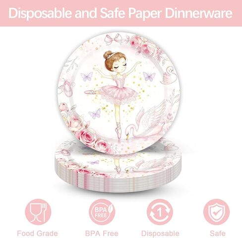 Pink Ballerina Themed Party Decorations Supplies Little Ballet Dancers Party Tableware Set Include Plates, Cups, Napkins,Cutlery and Straw for Baby Shower, Birthday Party Decorations Serves 24 in Saudi Arabia