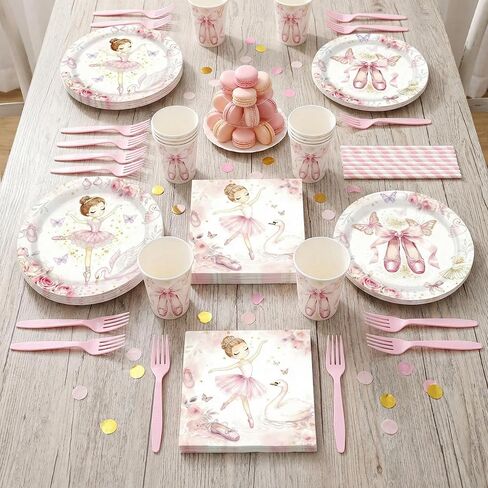 Pink Ballerina Themed Party Decorations Supplies Little Ballet Dancers Party Tableware Set Include Plates, Cups, Napkins,Cutlery and Straw for Baby Shower, Birthday Party Decorations Serves 24 in Saudi Arabia