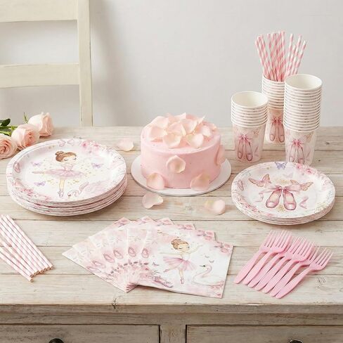 Pink Ballerina Themed Party Decorations Supplies Little Ballet Dancers Party Tableware Set Include Plates, Cups, Napkins,Cutlery and Straw for Baby Shower, Birthday Party Decorations Serves 24 in Saudi Arabia