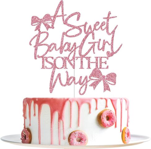 A Sweet Baby Girl is on The Way Cake Topper, Bow Baby Shower Cake Topper, Welcome Baby Girl, Bow Themed Girls Baby Shower Party Decorations, Pink Glitter in Saudi Arabia