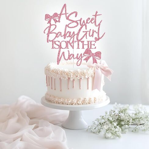 A Sweet Baby Girl is on The Way Cake Topper, Bow Baby Shower Cake Topper, Welcome Baby Girl, Bow Themed Girls Baby Shower Party Decorations, Pink Glitter in Saudi Arabia