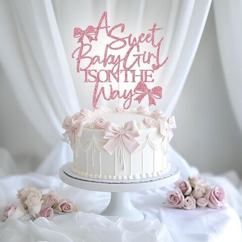 A Sweet Baby Girl is on The Way Cake Topper, Bow Baby Shower Cake Topper, Welcome Baby Girl, Bow Themed Girls Baby Shower Party Decorations, Pink Glitter in Saudi Arabia