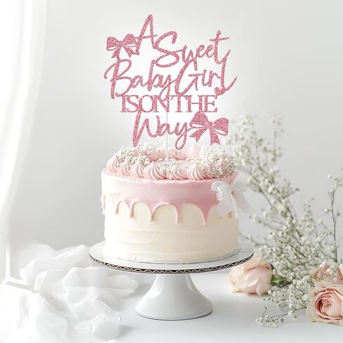 A Sweet Baby Girl is on The Way Cake Topper, Bow Baby Shower Cake Topper, Welcome Baby Girl, Bow Themed Girls Baby Shower Party Decorations, Pink Glitter in Saudi Arabia