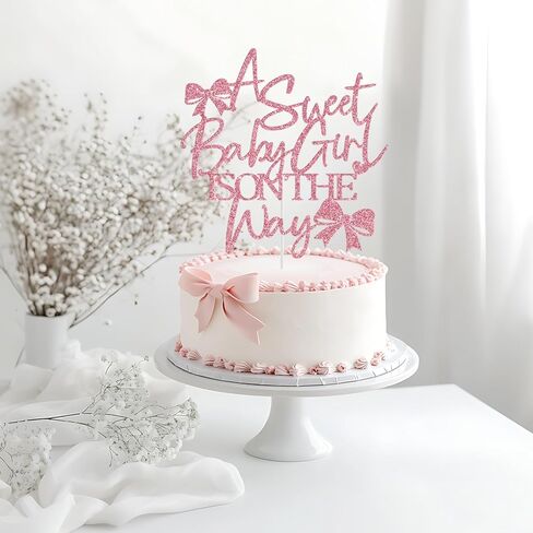 A Sweet Baby Girl is on The Way Cake Topper, Bow Baby Shower Cake Topper, Welcome Baby Girl, Bow Themed Girls Baby Shower Party Decorations, Pink Glitter in Saudi Arabia