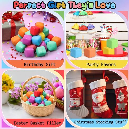 64 Pack Slow Rising Stress Cube Dough Stress Balls Soft Square Pull Stretch Cubes Ice Cube Sensory Balls for Anxiety Relief, Classroom Prize Party Favors Goodie Bag Stuffers in Kuwait